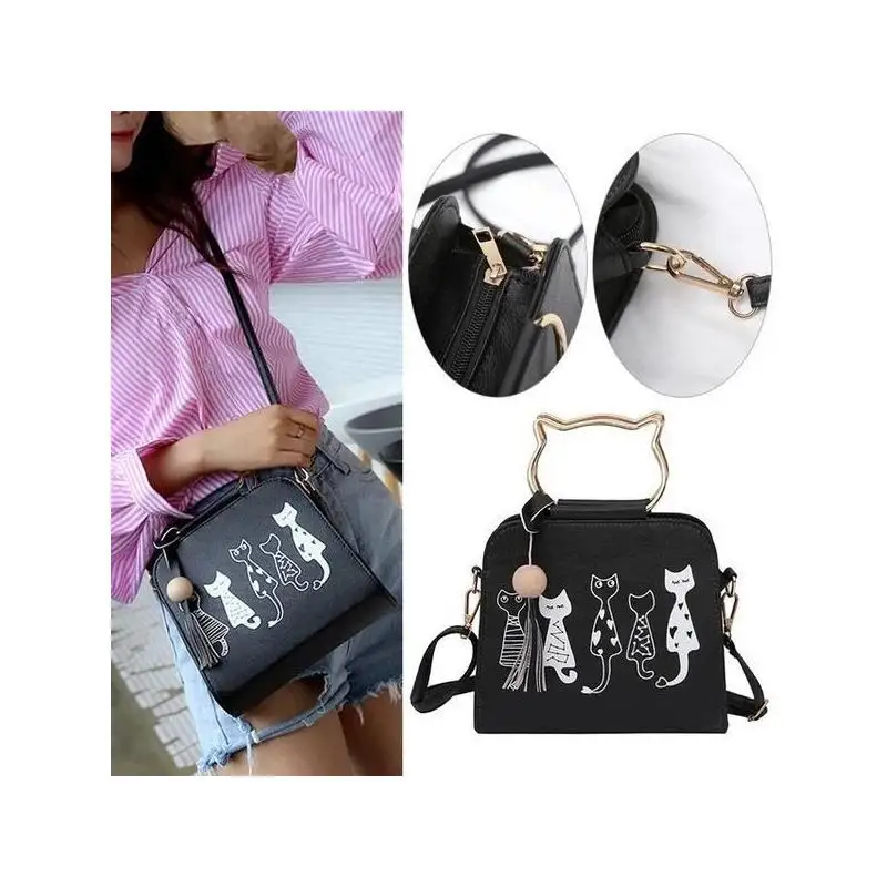 

New Fashion Women's Bag Cartoon Anime Printed Kitten Handbag Wooden Bead Tassel Single Shoulder Diagonal Cross Phone Bag
