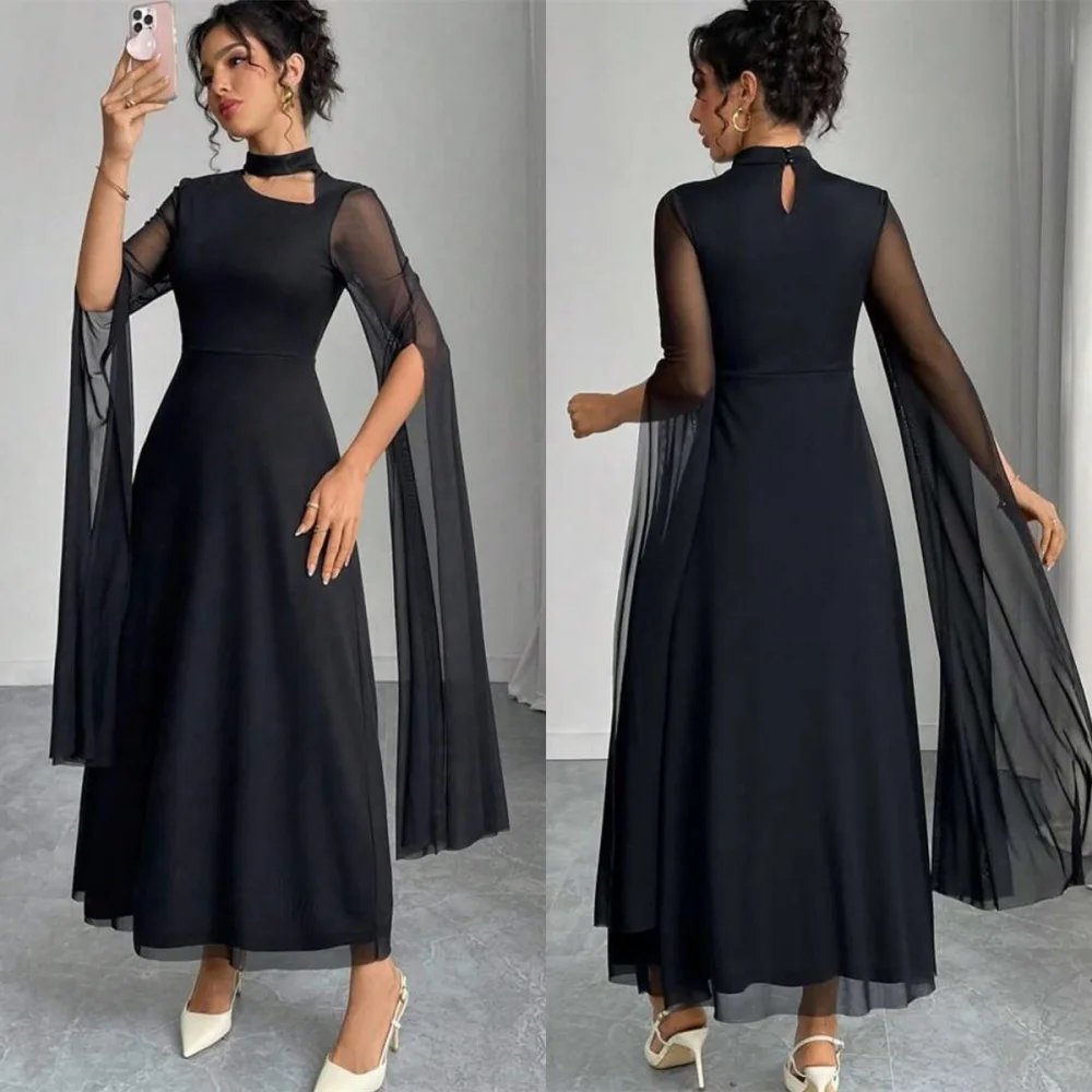 

Customized High Quality Black Chiffon Evening Dress Temperament High Neckline Half Sleeves Buttons Back Special Occasion Gowns