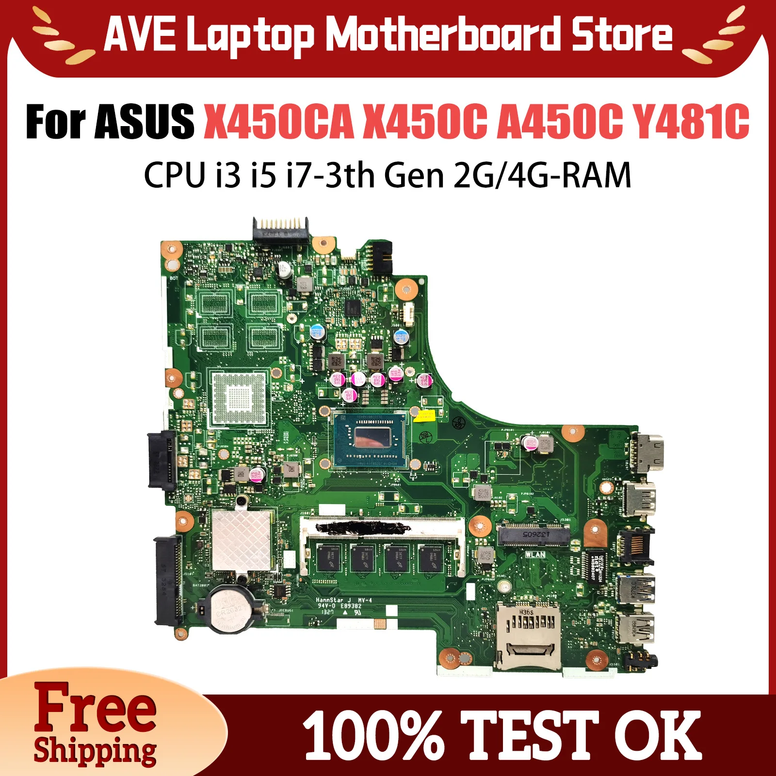 X450CA Mainboard For ASUS X450CC X450C A450C Y481C Laptop Motherboard With CPU i3 i5 i7-3th Gen 2G/4G-RAM 100% Tested OK