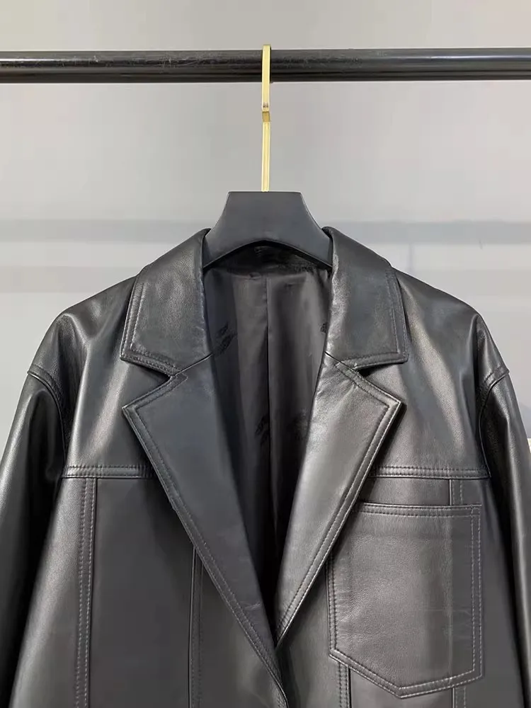 새로운 오피스 레이디스 천연 가죽 캐주얼 수트 재킷 싱글 브레스티드 루즈핏 미디엄 롱 코트 여성 패션 양가죽 블레이저