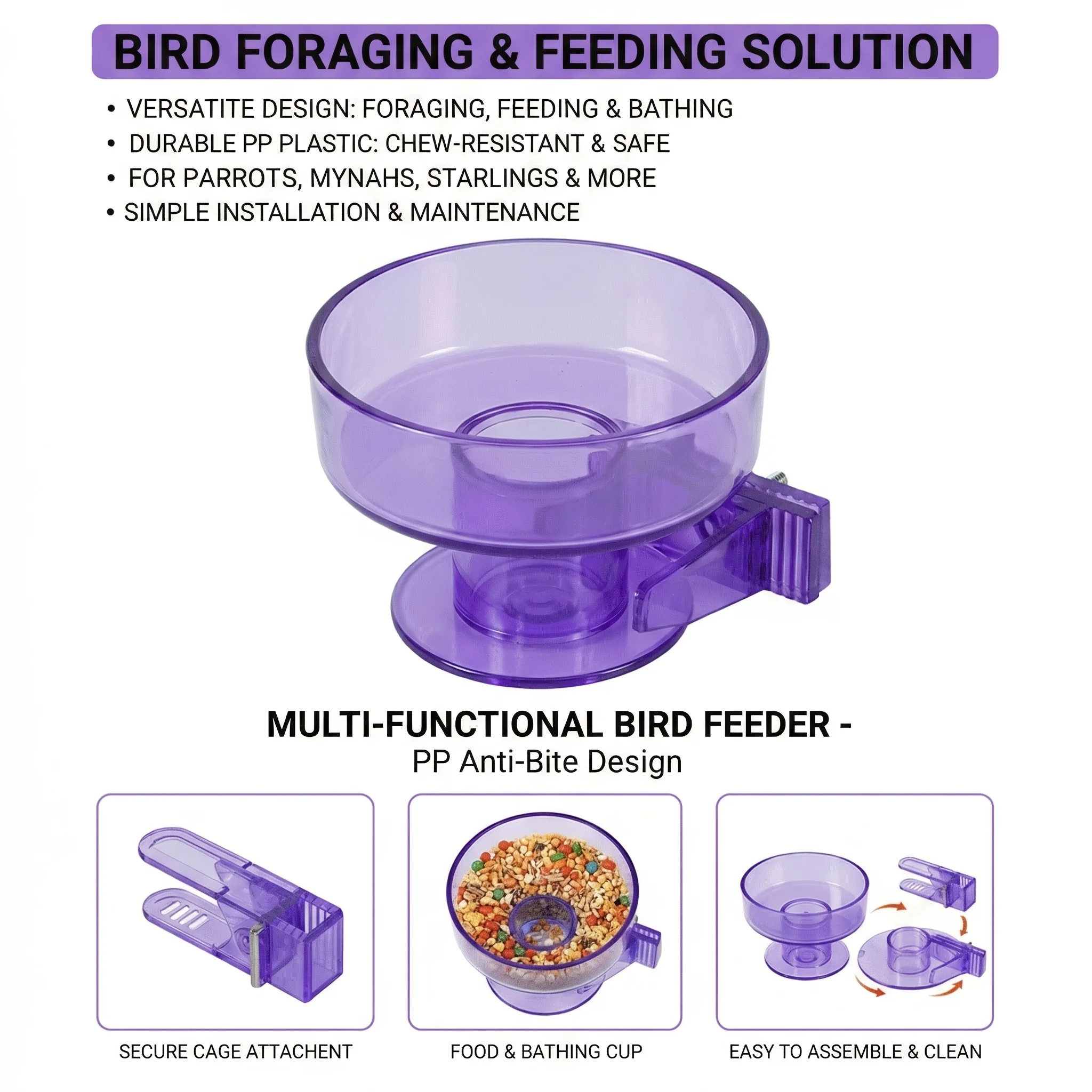 Bird Cage Bath/Removable Cage Bowl, Quick Lock Design,Bath with Clear Plastic Ridges for Perching,for Small-medium Birds,Feeding