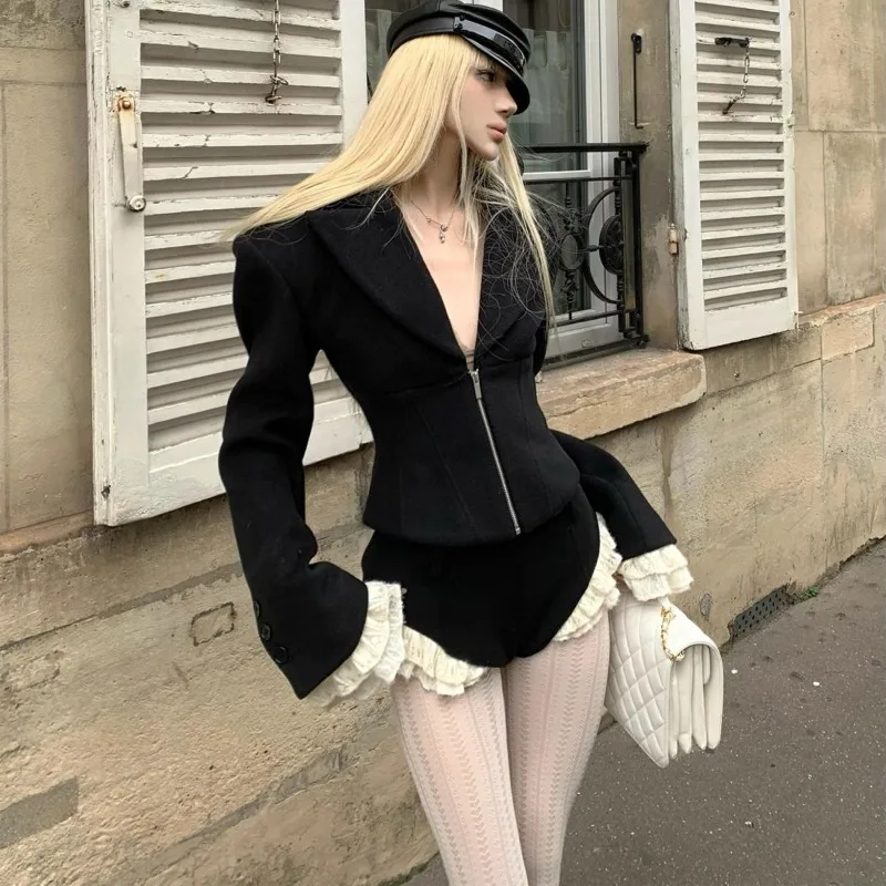 

Черное сексуальное шерстяное пальто с тонкой талией, женский кардиган на молнии Y2k, модные трендовые широкие шорты, осенне-зимние комплекты из двух предметов