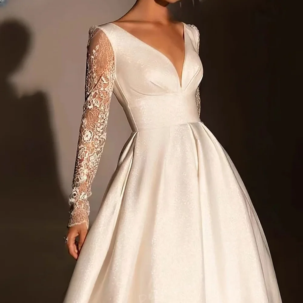 Exquisitos vestidos de novia para mujer con cuello en V de encaje sin espalda una línea de manga larga para vestidos de novia vestidos de novia de satén personalizados ﻿