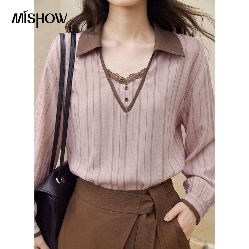 MISHOW Women's Linen Color‑Contrast Striped Blouse 2026 Autumn Lace Trim V‑Neck Puff Sleeve Pink Elegant Commuter Top MXF42C2542
