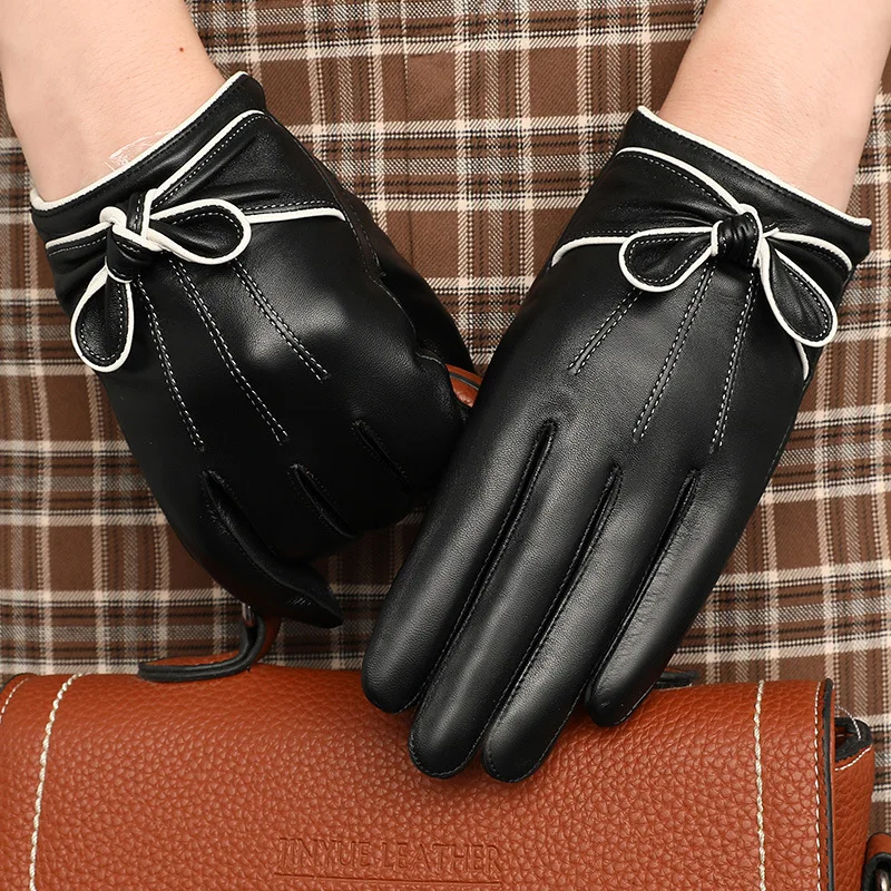 Real Leather Gloves Female Autumn Winter Thicken Thermal Fashion Butterfly Women Sheepskin Gloves Touchscreen YSW0009