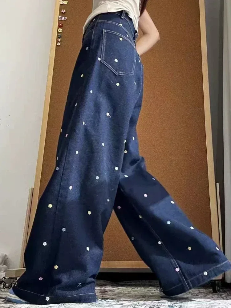 刺繍入りジーンズ レディース ダークブルー デニム ハイウエスト ルーズフィット 韓国風 オールマッチデザイン ワイドレッグ ポケット デイリー カジュアル デ ムヘール