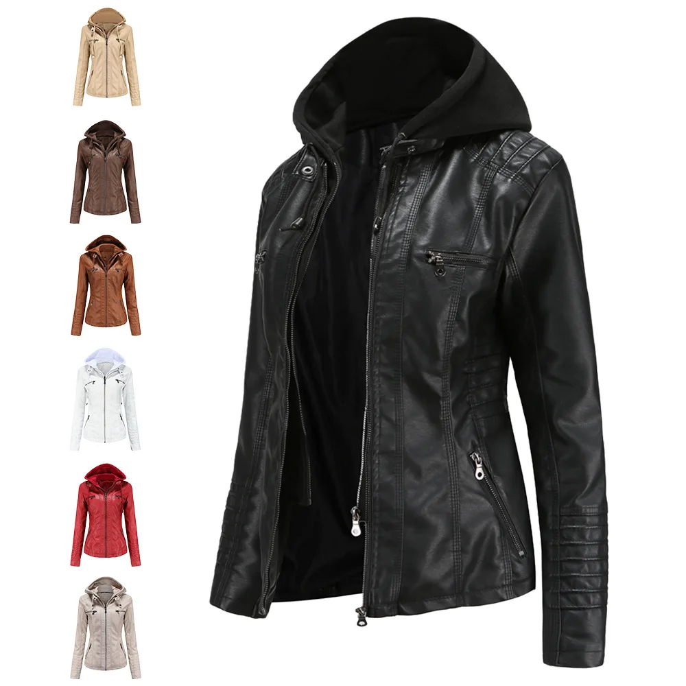 KIDCRKJ 2026 Spring Autumn Women's Leather Coats Hooded Removable Zipper Jacket Female Pocket Pure Color Motorcycle Jacket