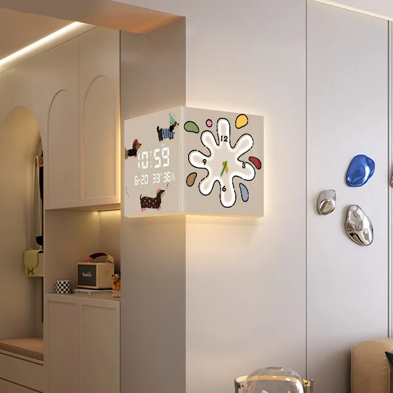 

Dopamine living room corner double-sided wall clock cream wind cartoon puppy creative clock wall lamp corner electronic clock