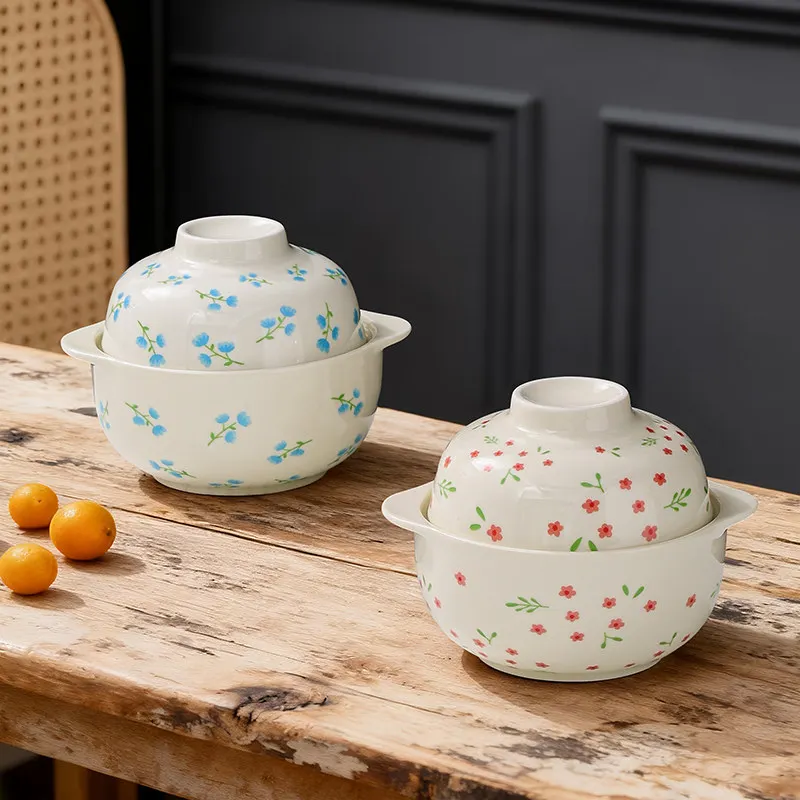 Floral Print Ceramic Instant Noodles Bowl 2026 New Household Japanese Style Students Dormitory Bowls Cute Binural Tableware