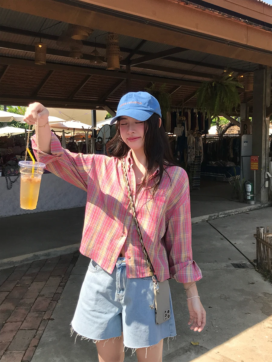 

Sinbounboun Embroidered Letter Plaid Collar ort Sve Women's Cotton Polyester irt Casual Sle Sun Protection