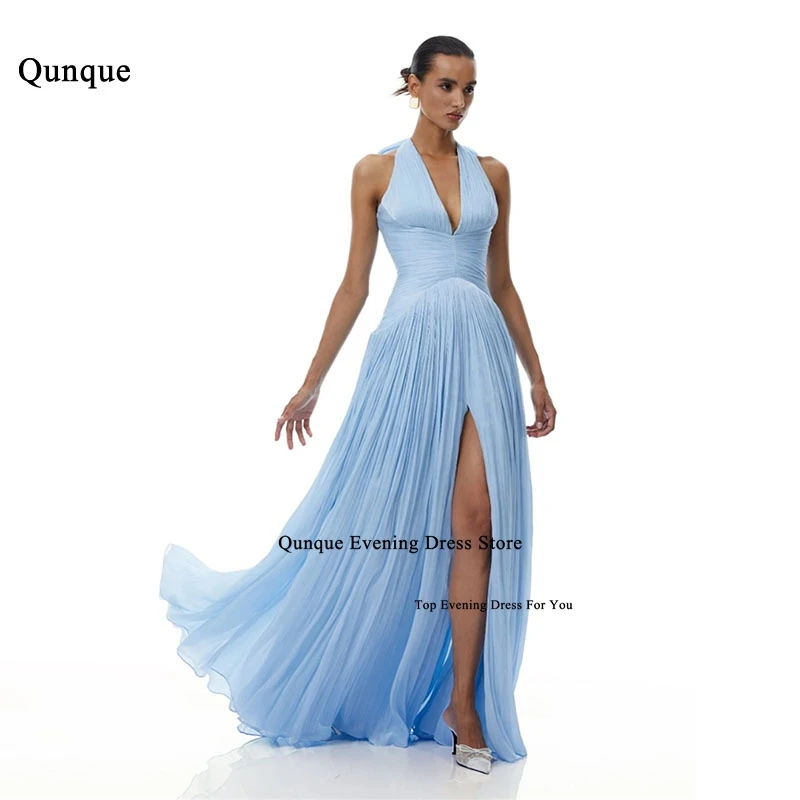 

Qunque Elegant Chiffon Halter Prom Dresses Party Dresses Slit Pleated Vestidos De Fiesta Floor Length Evening Dresses Customized
