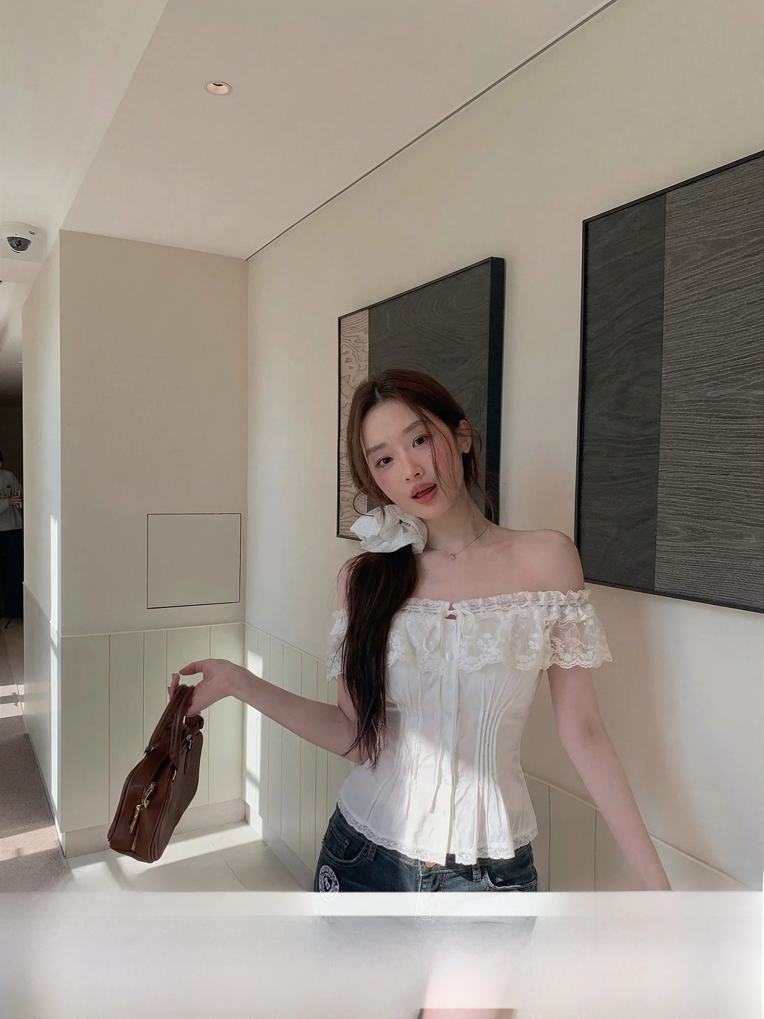 

White Lace Trim Belted ort Sve oulder Bared irt for Women Summer Pure Desire Sle Casual Fem Top Open Cardigan