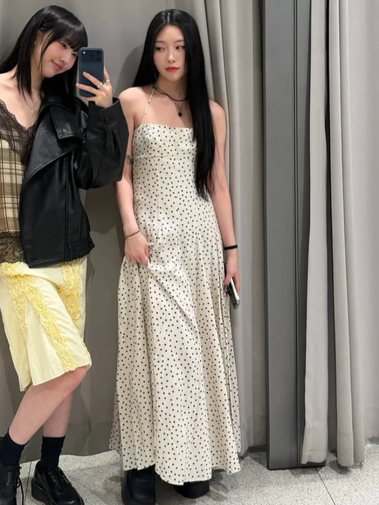 

Элегантное игривое макси-платье в горошек с завязками на шее, без бретелек, с завязками на талии, струящееся, многоярусное, 2026, женское летнее платье для пикника и пляжа