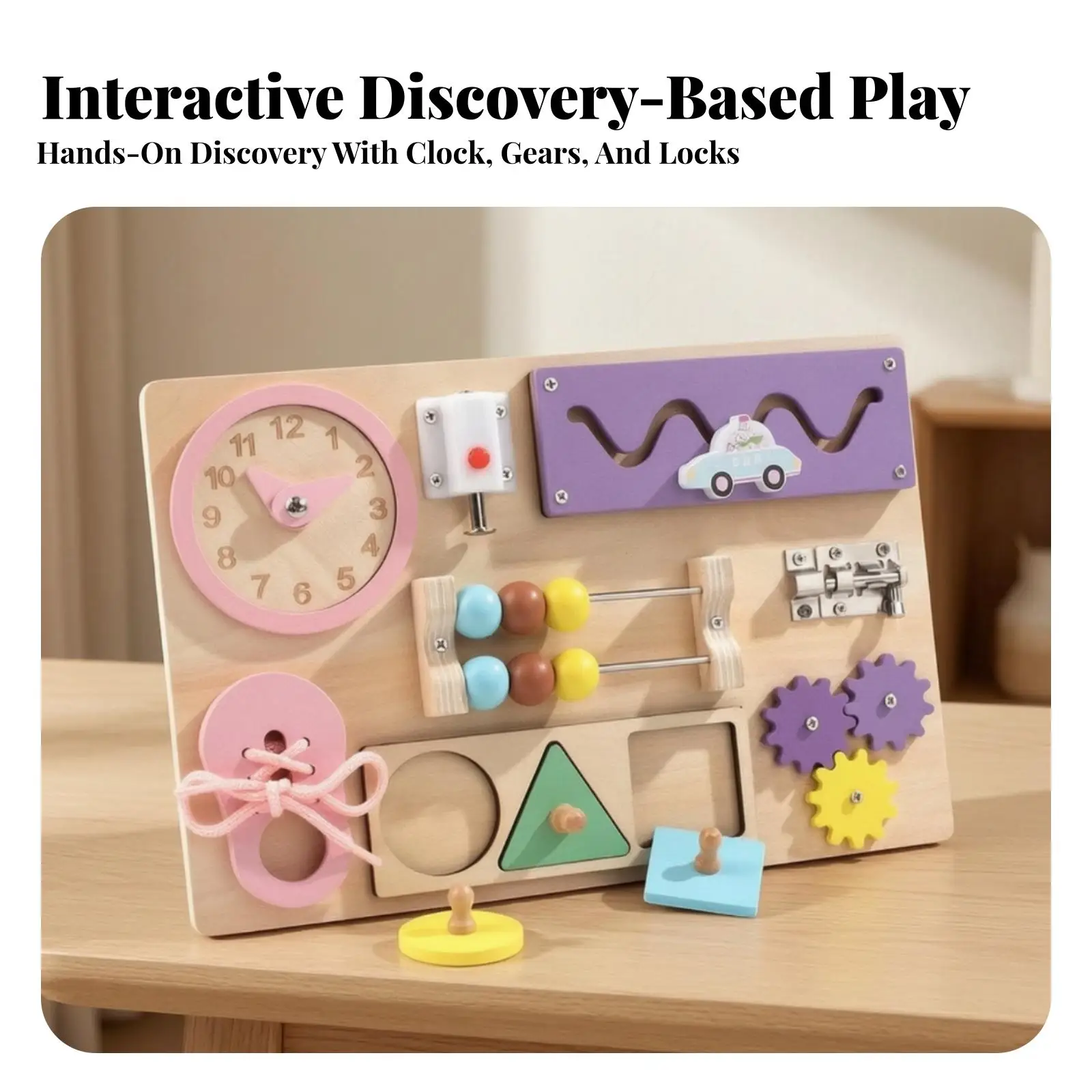 Wooden Busy Board Developmental Busy Board with Clock Shoe Lace Tying Piece Educational Learning Clock Piece Sensory