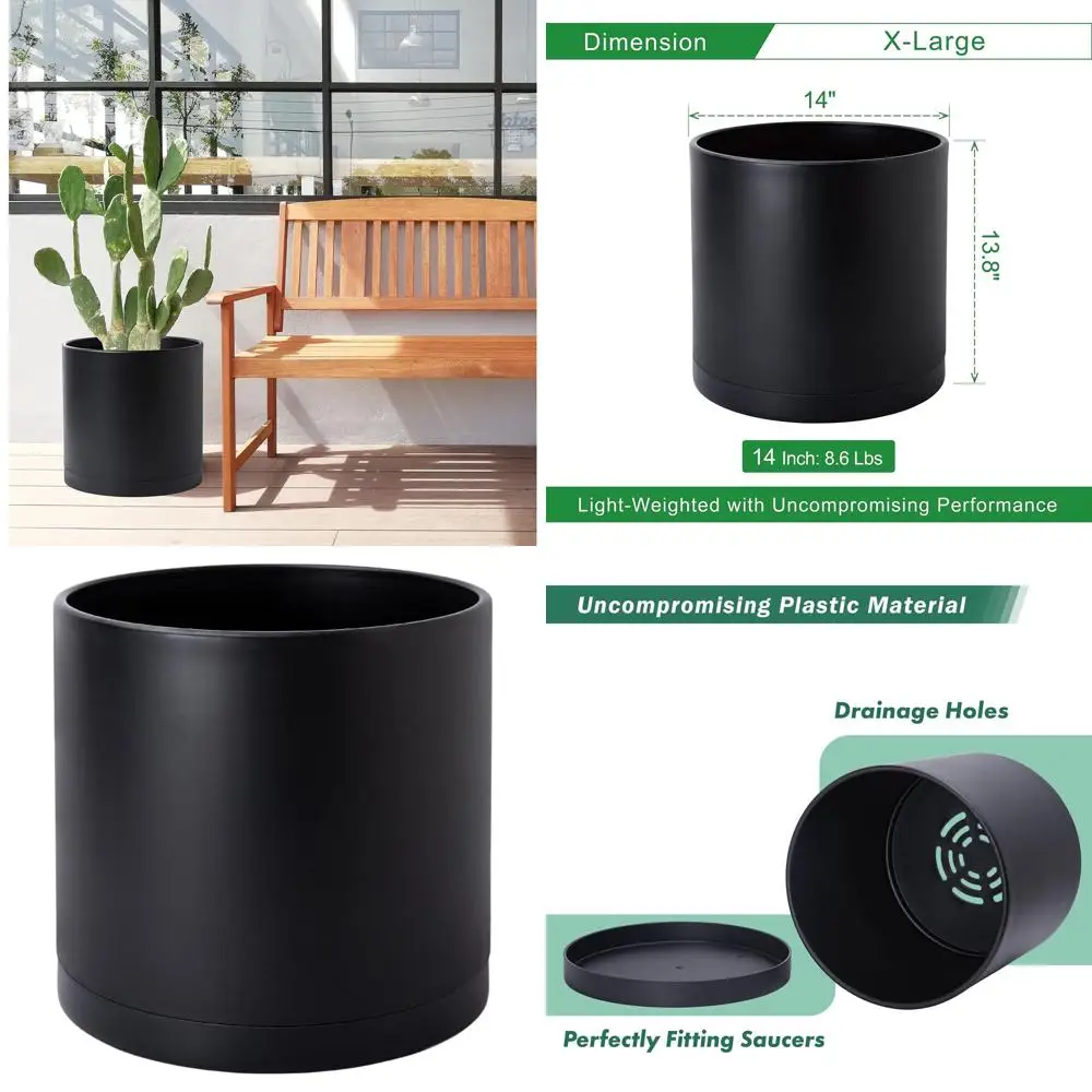 

14-дюймовый черный пластиковый горшок для растений с дренажным отверстием и бесшовным блюдцем, набор из 74-X-B-4