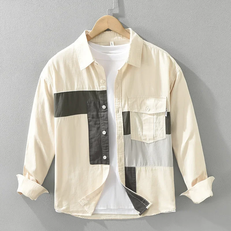 

Мужские лоскутные рубашки High Street, весенне-осенние повседневные рубашки из чистого хлопка с длинными рукавами, мужская уличная одежда, молодежные модные топы, новинка 2023 года