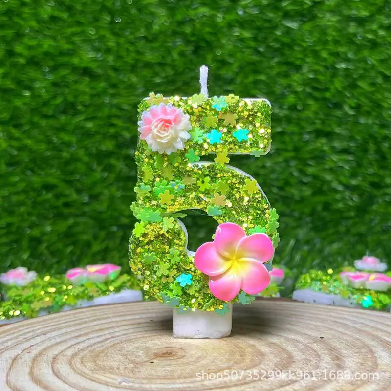Green Glittering Clover and Frangipani Number 0-9 Candles for Birthday Cake Decoration with Sparkling Shimmer Effect Prop