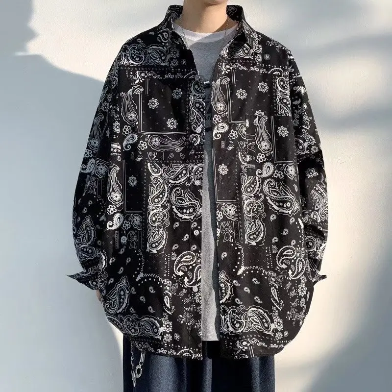 

Retro Long Sleeve Men's Shirt Floral Print Casual plus Size Loose Fit Spring Autumn Wear Comfortable Street Style Shirt