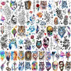 Tatuajes temporales de Tigre, León y búho para hombres y mujeres, pegatina de tatuaje realista, esqueleto, flor, Kits de tatuajes falsos, 31 hojas de colores