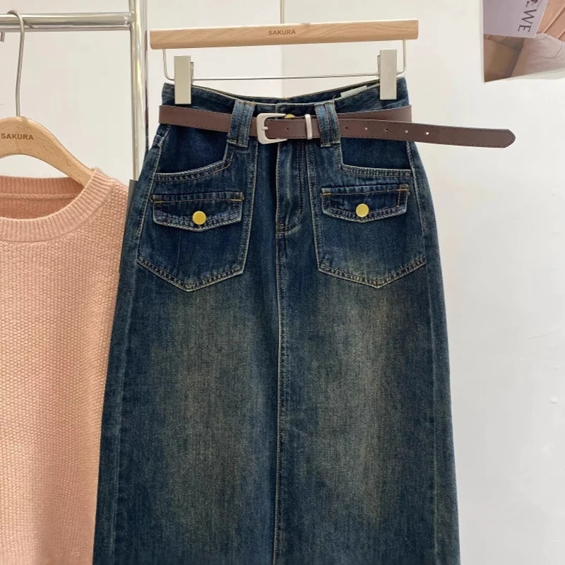 Vrouwen Dubbele Zakken Denim Rokken Herfst Vintage Mode Hoge Taille Rechte Pijpen A-lijn Halve Rokken All-Match Vrouwelijke Kleding