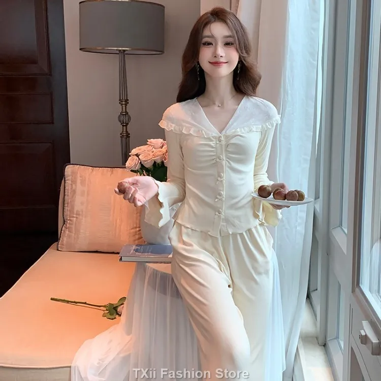 TXii Palace-style French sweet lace pajamas set for women, long-sleeved home wear for autumn 2023.Spring and Autumn