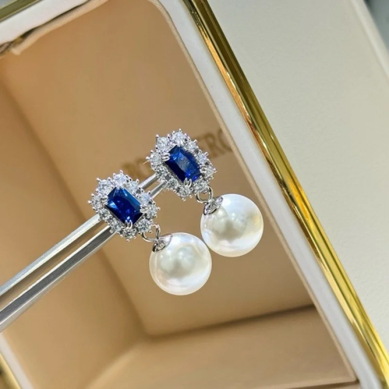 

S925Silver Seiko -Grade Sense Tan Sang Blue Artificial Shell Pearl Studs Inlaid High Carbon Diamond All-Match Female Ear