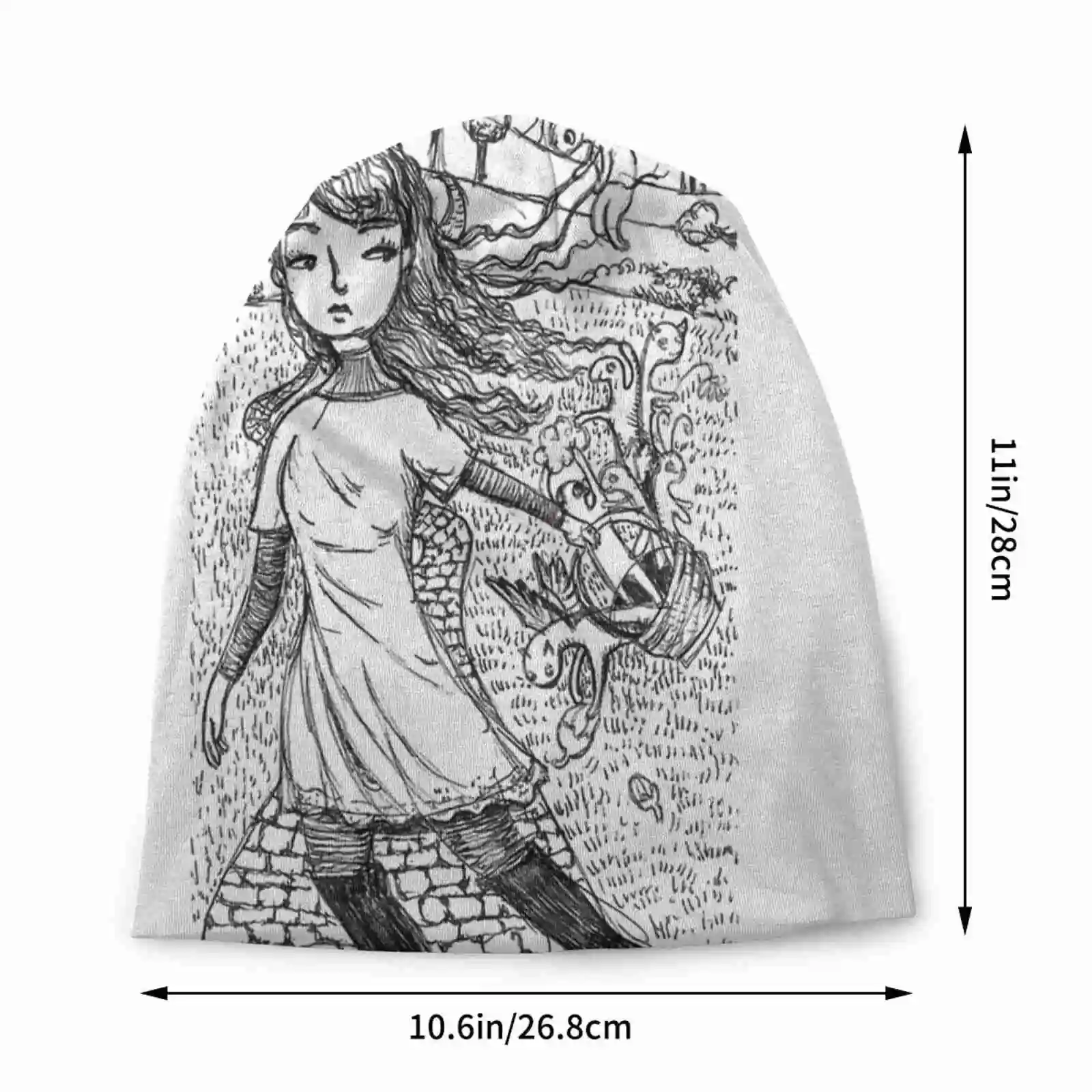 Heroine's Journey Into Knitted Hat Warm Beanie Outdoor Caps Black And White Fairytale Pen And Ink Whimsical Girl Carrying