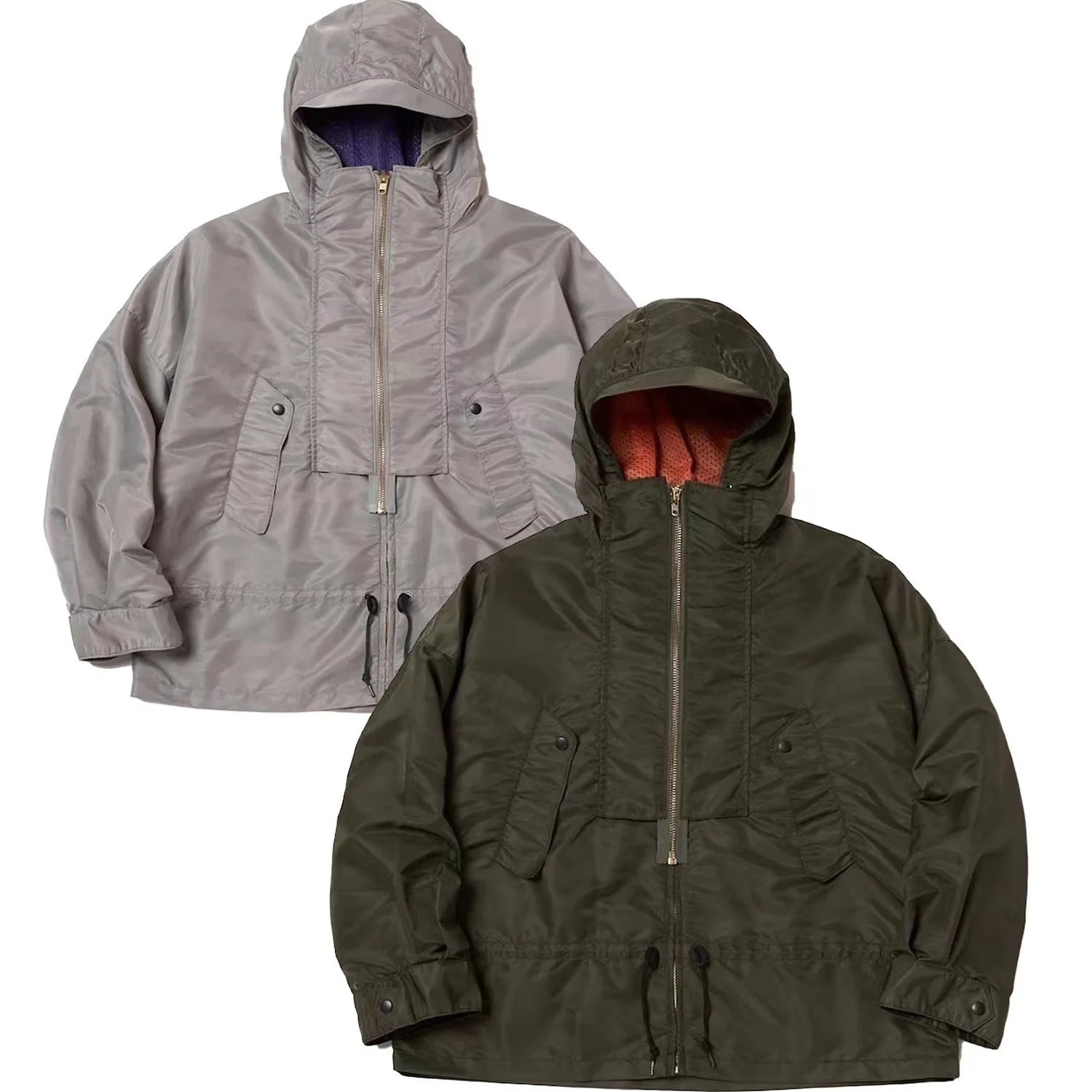 اليابان 23SS كولور آبي تشغيل لونين نايلون مقاوم للماء سحاب مزدوج فضفاض معطف مقنع كم طويل هوديي #1