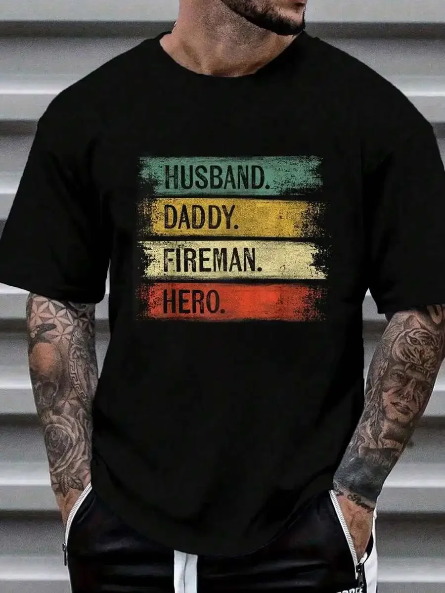 100% Cotton Husband Daddy Fireman Hero Firefighter Father's Day Gift Dad T-Shirt Men's Graphic Tee Causal Tops Fashion Tshirt Sh
