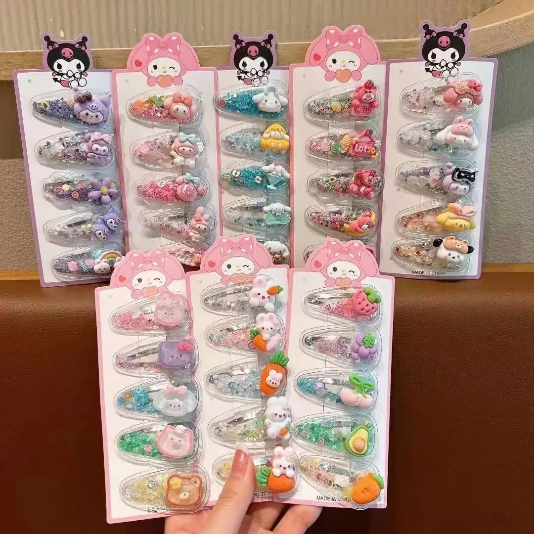 5 шт., заколка для волос Sanrio Kawaii для малышей Kuromi Cinnamoroll, заколка для волос для девочек My Melody Princess, детские заколки с зыбучим песком, аксессуары для девочек