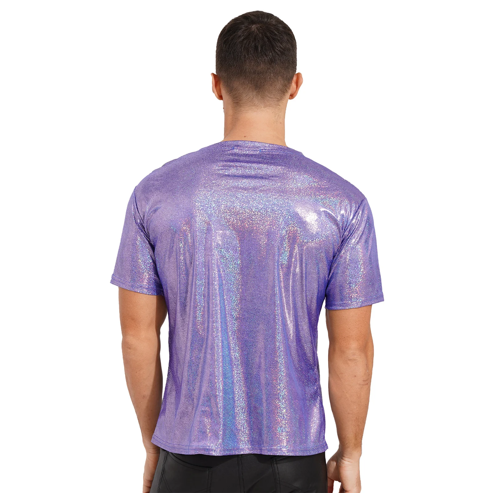 Mens Fashion Shiny Short Sleeve T-shirt Tops Casual Sparkling Round Neck Tees Tops Rave Festival Party Clubwear