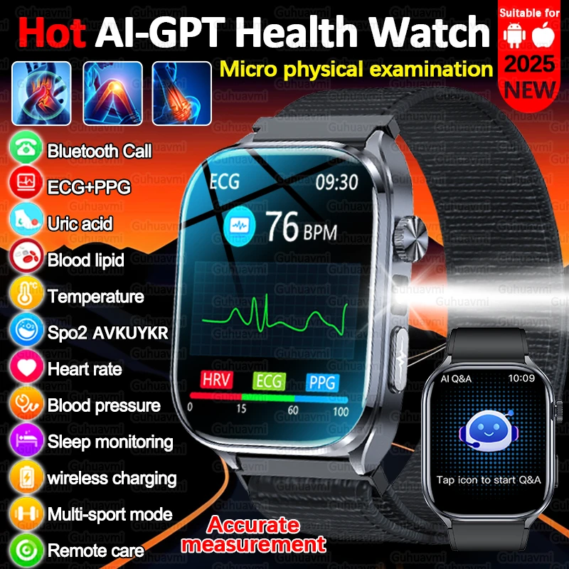 2025 Nuovo AI Diagosi ECG Salute Astuto Della Vigilanza Degli Uomini di Pressione Sanguigna Lipido Acido Urico AI-GPT Intelligente Q & A Salute Smartwatch Per Gli Uomini