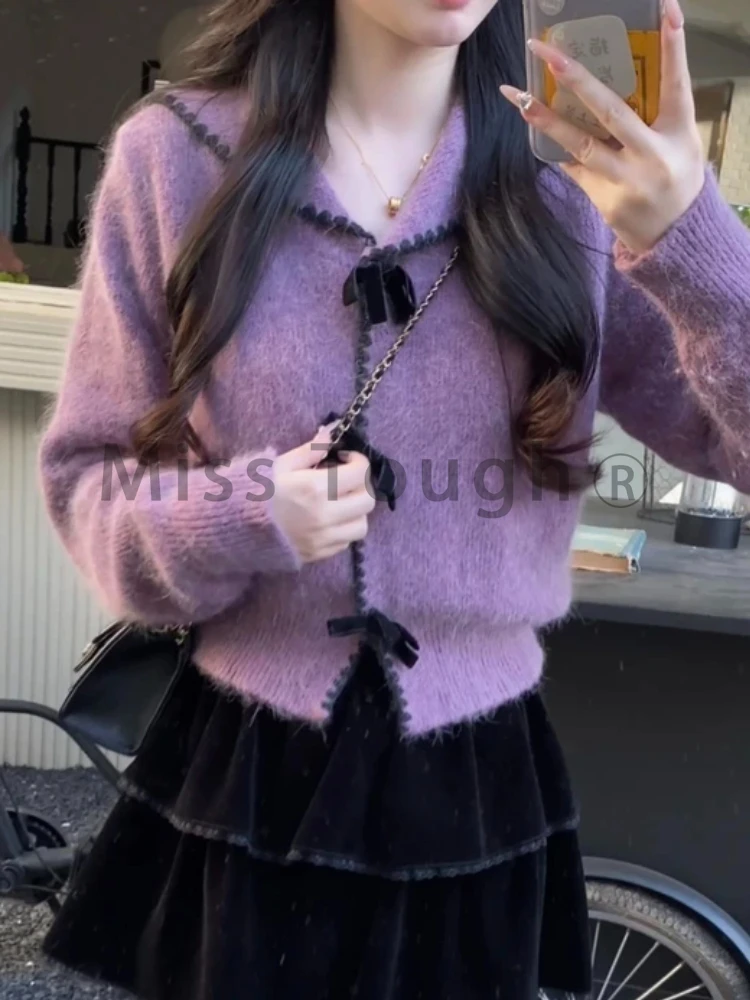 Korean Fashion Knit Autumn Winter Sweet 2 Piece Sets Purple Knitted Cardigan + Pleated Black Skirt New Casual Preppy Style Suits