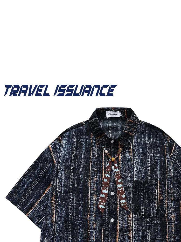 Travel Issuance Men's Loose Fit Street Style Short Sleeve Shirt Vertical Stripe Pattern Casual Breathable Polyester Fiber