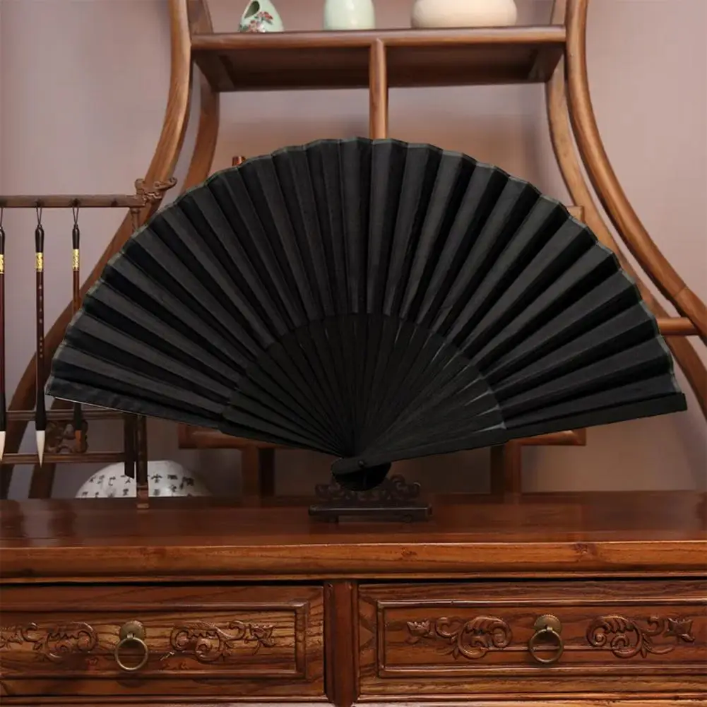 Black Folding Fan with Bag Chinese Style Dance Performance Photo Props Portable Faux Silk Bamboo Hand Held Fan Party