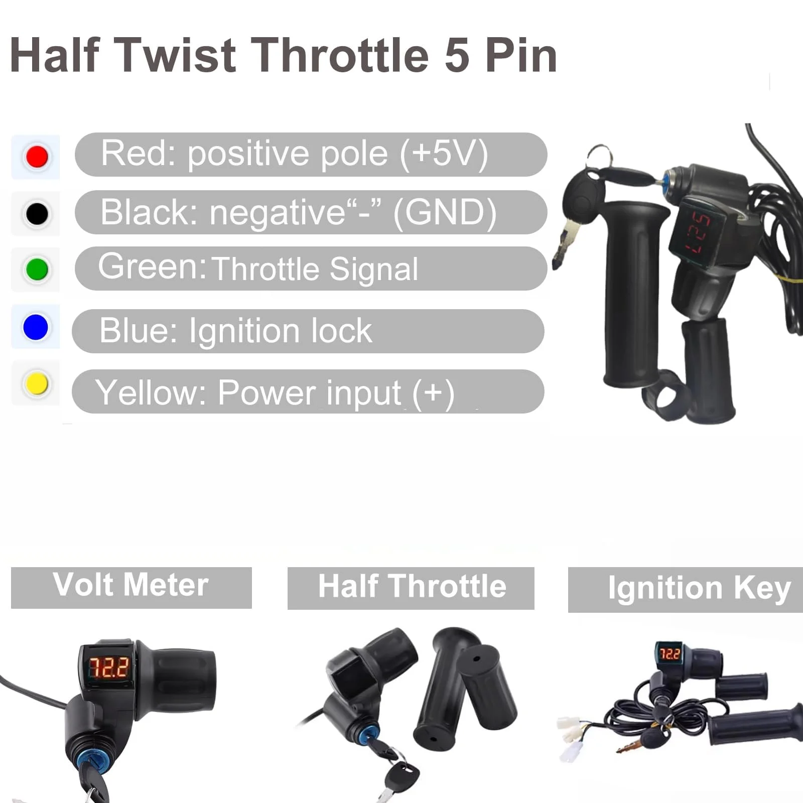 2025 New E-Bike Throttle with LED Display - 12V-96V for Electric Bike,Scooter,Motorcycle 3-in-1 Ignition Lock Twist Throttle