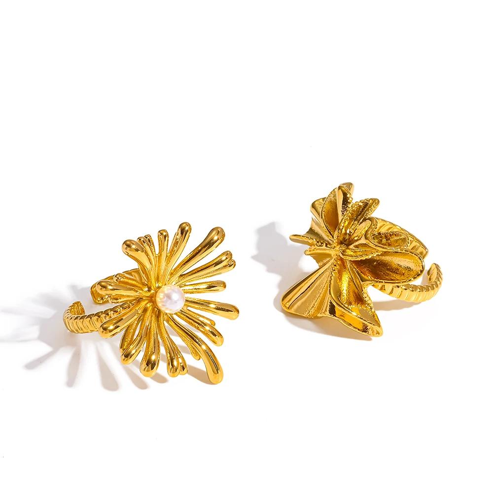 18K Gold Plated Stainless Steel Pearl Flower Open Ring Trendy Waterproof Unique Finger Jewelry Accessory Gift