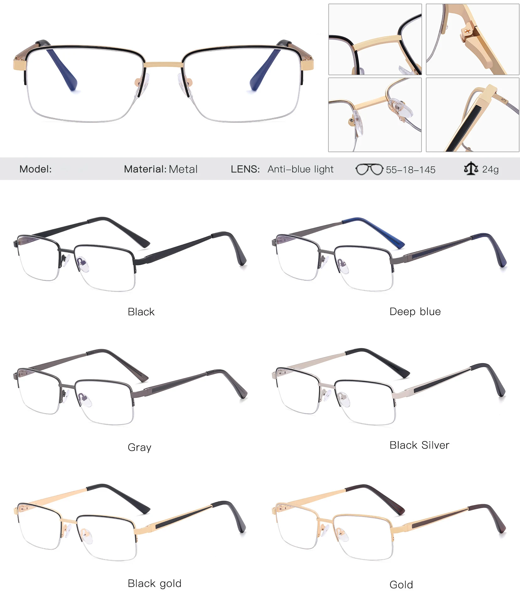 Men's Business Rectangular Metal Half Frame Anti Blue Light Glasses Light Luxury Brand Designer Designs Computer Literature