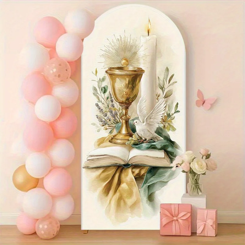 Un elegante arco con un cáliz y palomas, con un diseño temático de Pascua, perfecto para bodas y bautizos de bebés.