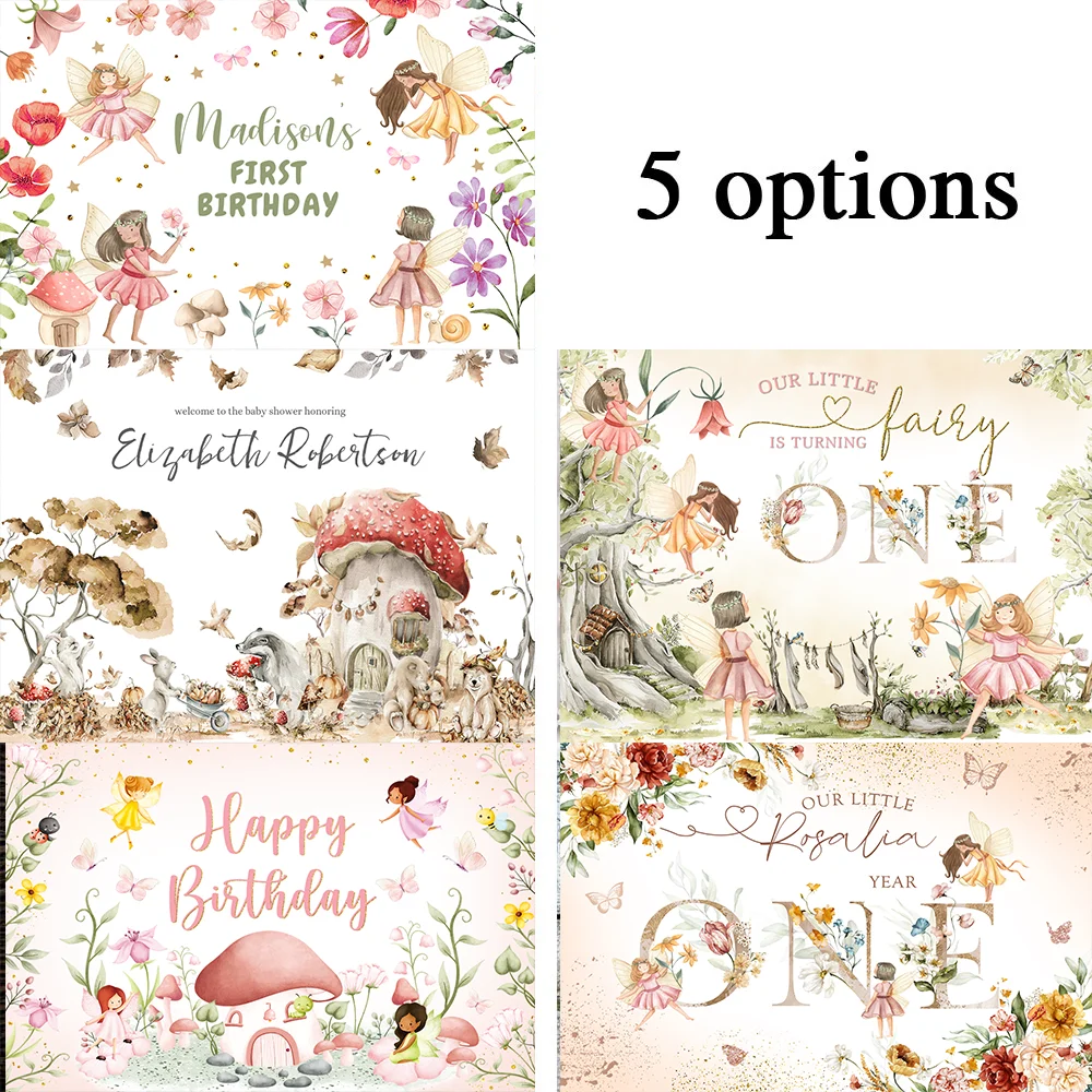 Girls Flowers Fairy Mushroom Birthday Backdrops, 1st Birthday Party Decoration, Colorful Butterfly Photography Background Banner