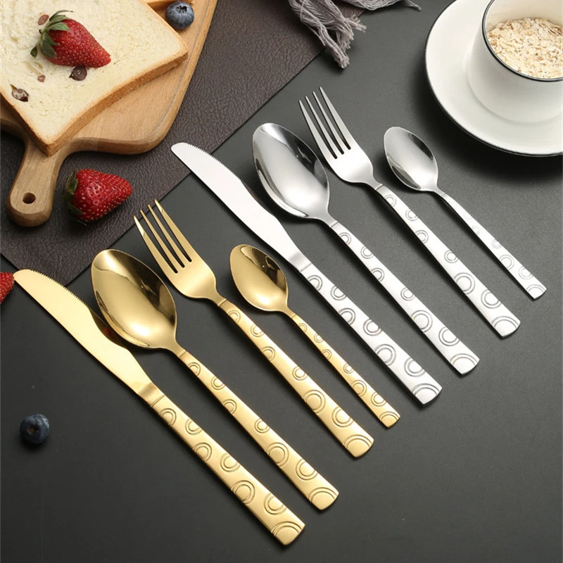 Golden Western Stainless Steel Cutlery Set Thickened  Printed Spoons Forks Knifes Dinnerware Set Tableware Kitchen Utensils