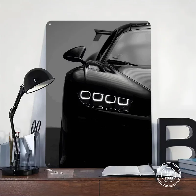 Sleek Black Sports Close-Up Car Tinplate Poster Customized Wall Art Vintage Metal Signs Retro Tin Plaque for Setup Decorations