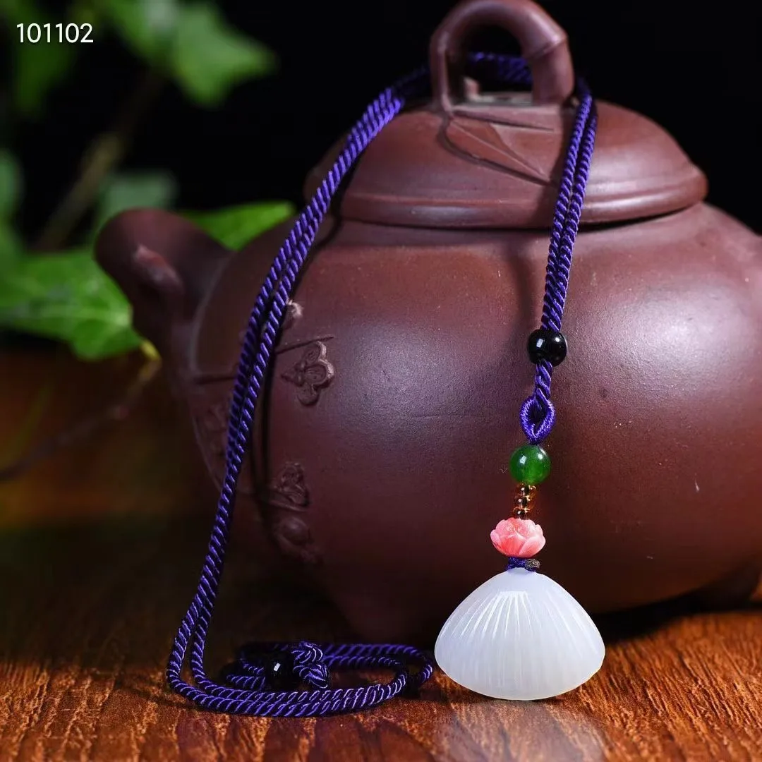 New Natural 100% real Sterling Silver necklace mosaic white hetian jade shell pendant jewellery for woman gifts Bless peace