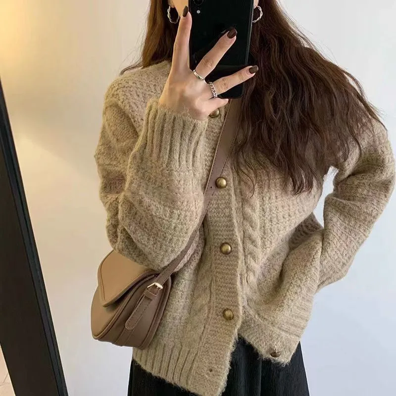 Autumn Winter Women Wool Blend Sweater Polo Collar Tailored Cardigan  Fashion Casual Knitted Loose Soft Jacket Bottom Top LX61