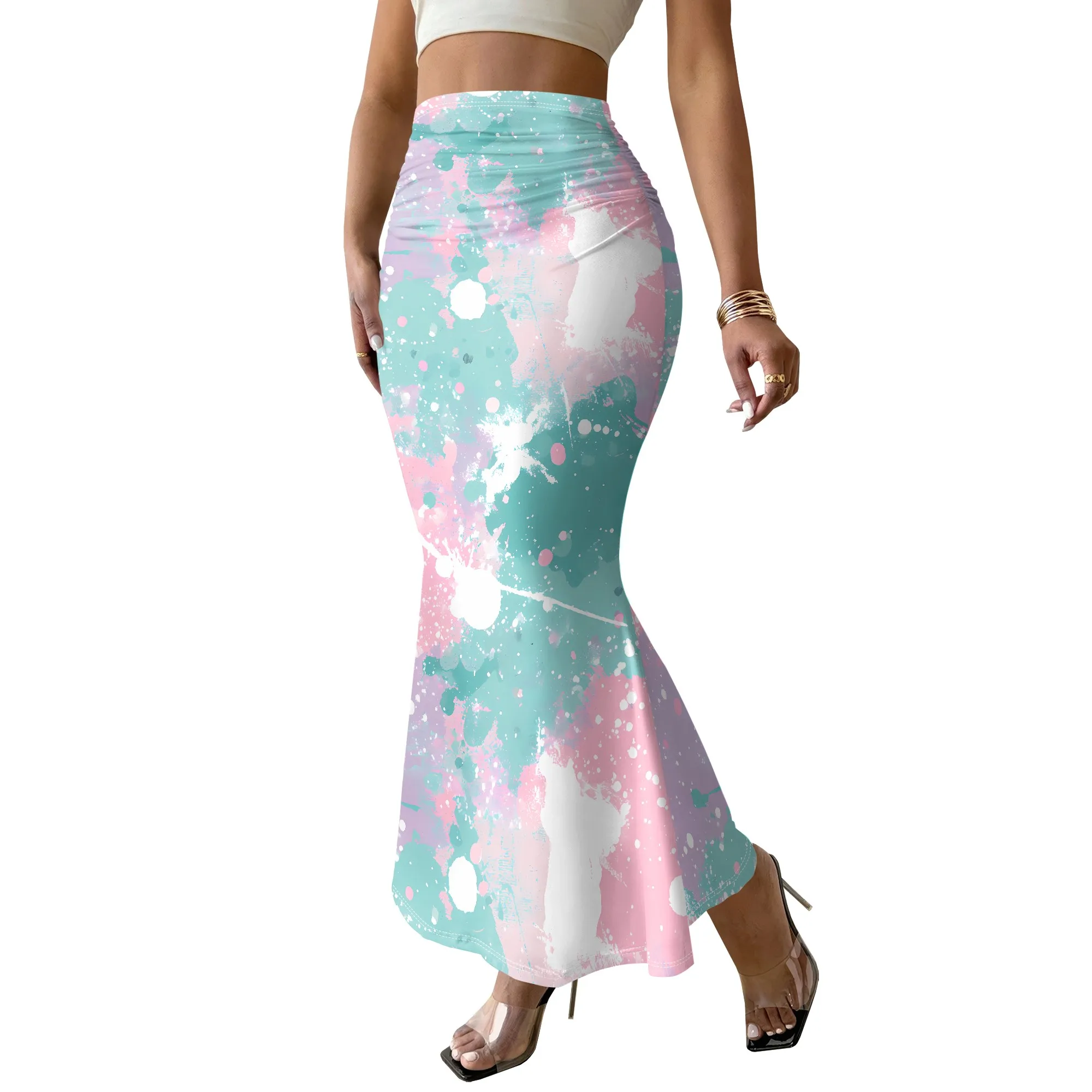 Abstract Paint Splatter Skirt, Pastel Tie Dye Maxi Skirt, Watercolor Art Print Mermaid Skirt, Beach Party Wear, S-2XL