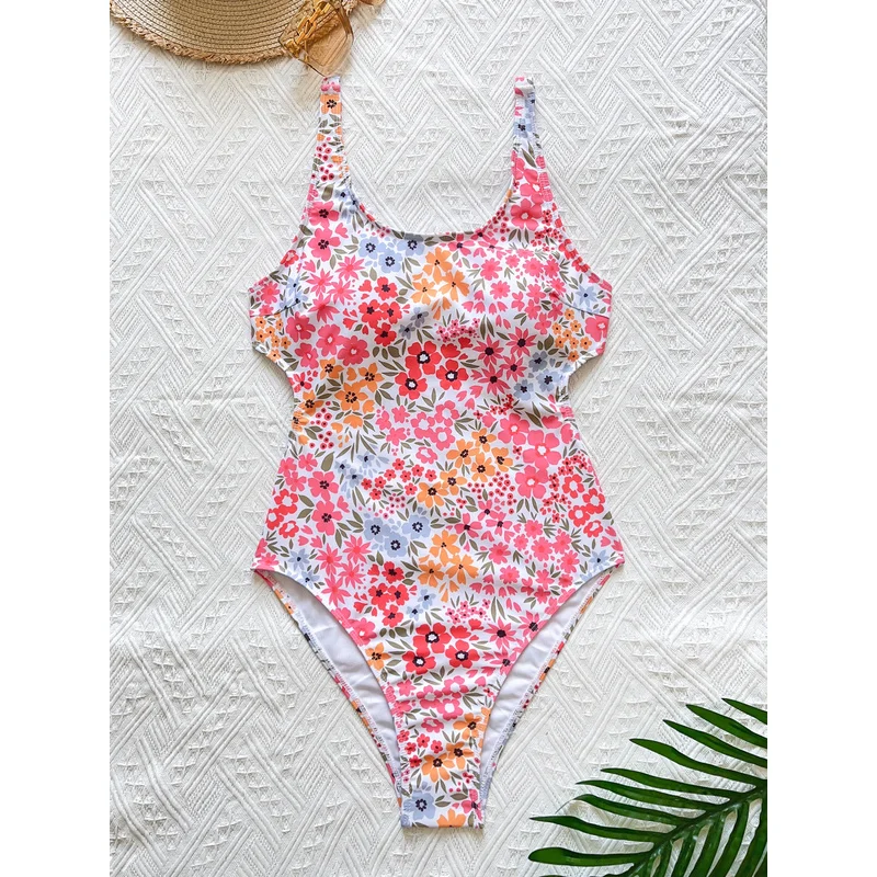 JEWELRY SEN Women One‑Piece Swimsuit Colorful Ditsy Floral Print Wide Strap U‑Neck Conservative Slim‑Fit Bathing Suit Summer Sui