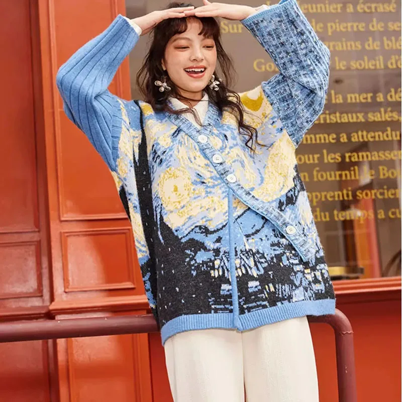 Art Starry Night Flower Sea 2024 Spring New Oil Painting Pattern Hypotenuse Button Cardigan Comfortable Soft Sweater Coat Woman