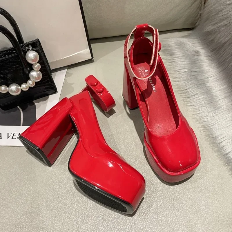 2024 New Platform Buckle Strap Pumps Women Shoes Chunky Heels Red Patent Leather Anti-drop Pimp Fashion Red High Heels