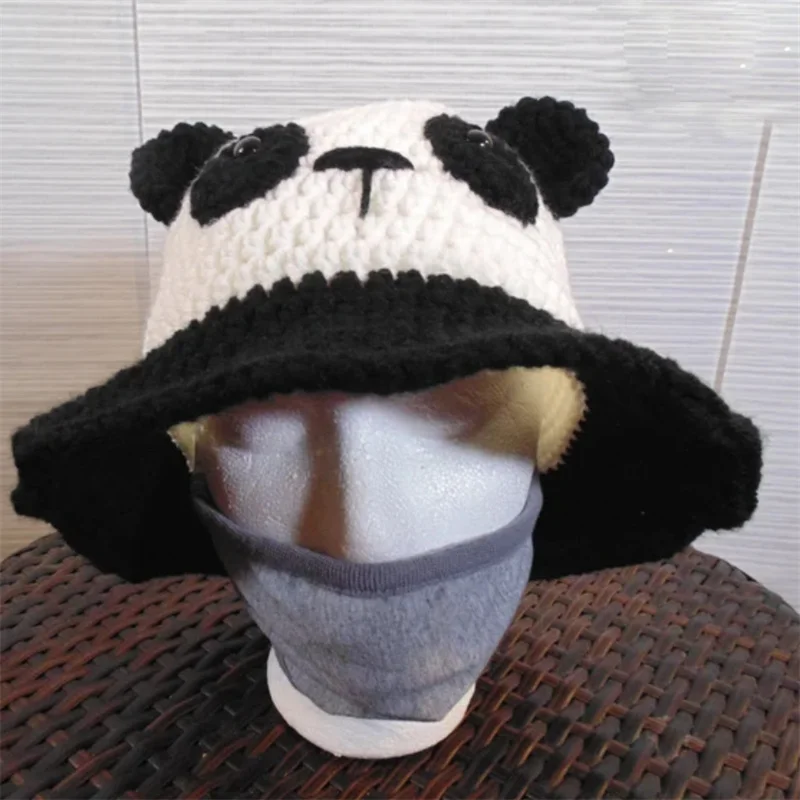 Pure hand knitting Chinese Panda Hat Halloween Knitted Ears Winter Beanie for Hot children Winter Cap Warm New cross-border