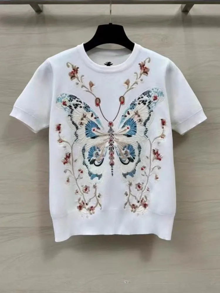 Floral Butterfly Embroidered Sweater Women\'s Knit T-Shirts 2024 Spring Summer New Vintage O-Neck Short Sleeve Knitwear Tops Tees